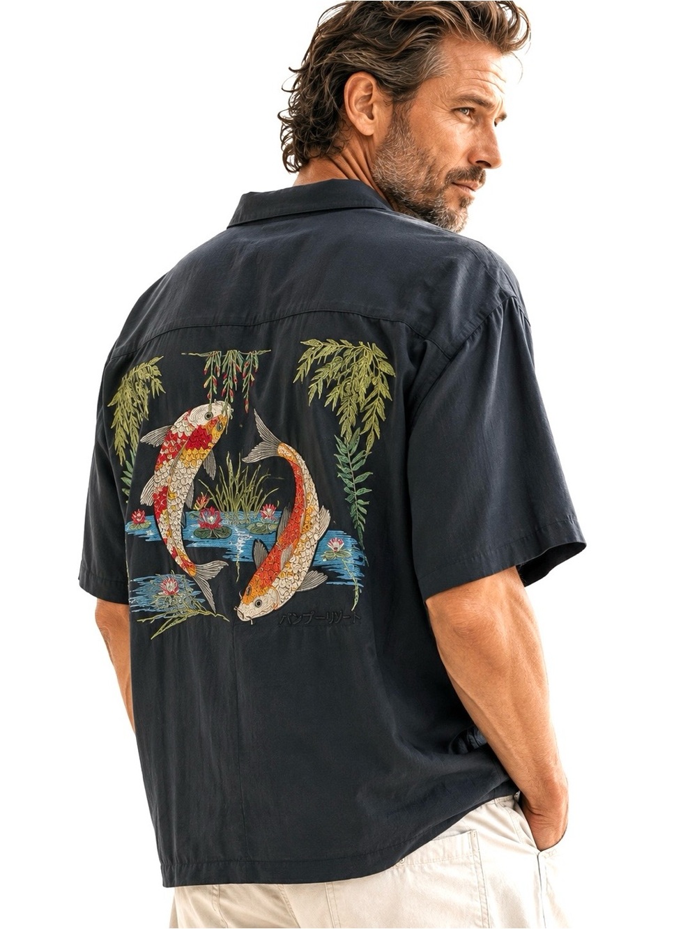 Bamboo Cay Embroidered Koi Fish Camp Shirt Large